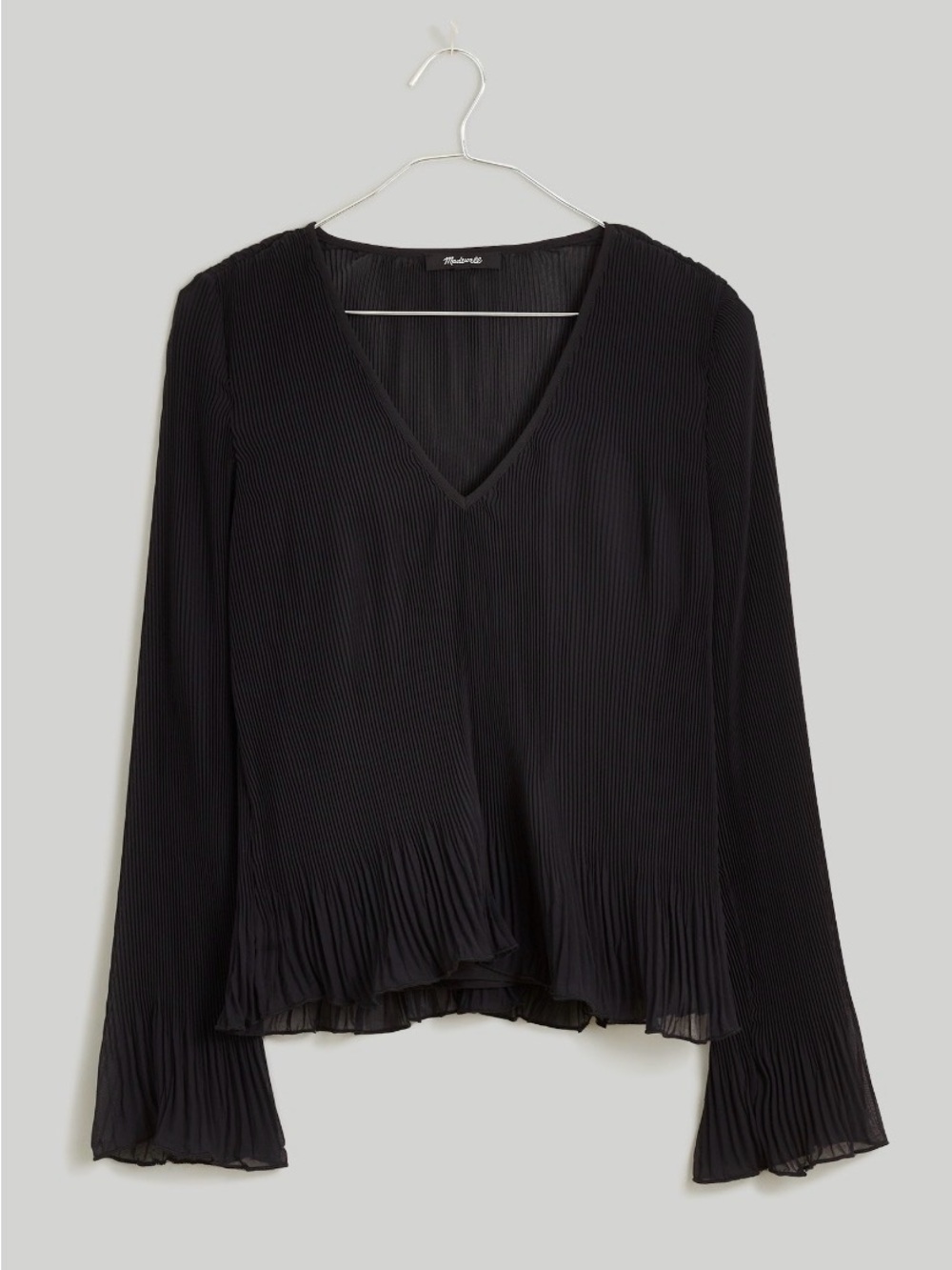 Madewell Black Pleated V-Neck Long-Sleeve Blouse